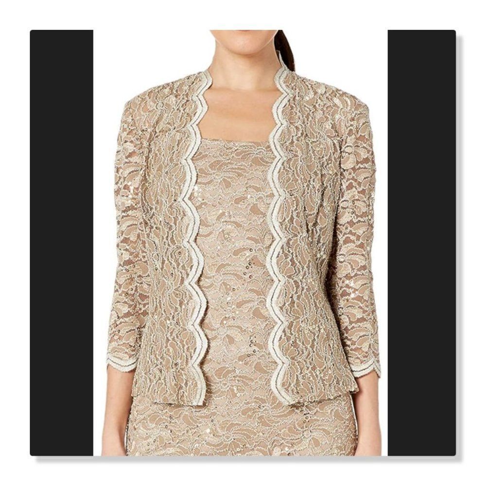 Alex Evenings | Lace & Sequin 3/4 Sleeve Bolero Jacket - [size 18W in Beige]